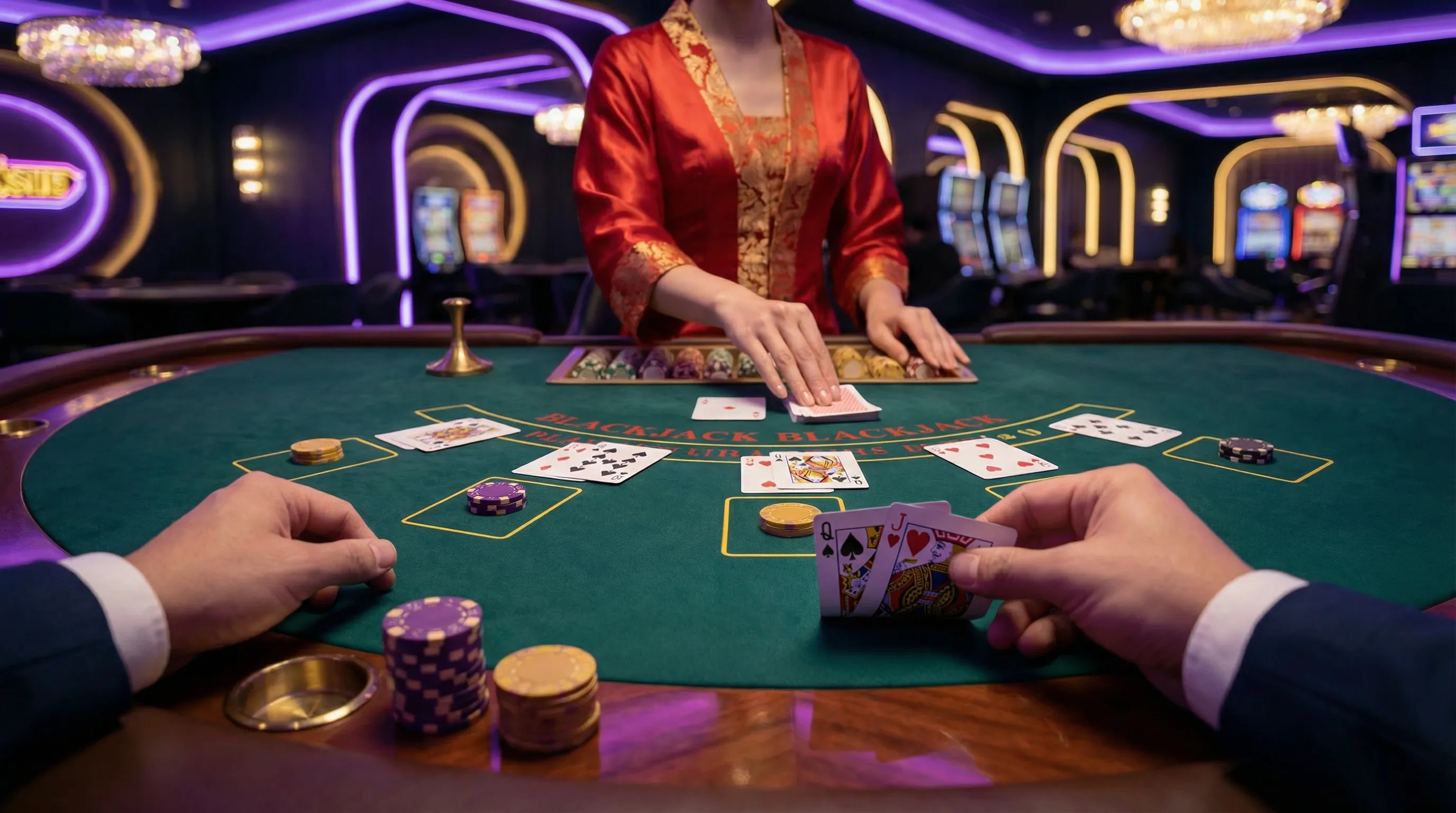 Mesa de blackjack tradicionalbet com cartas e fichas de cassino